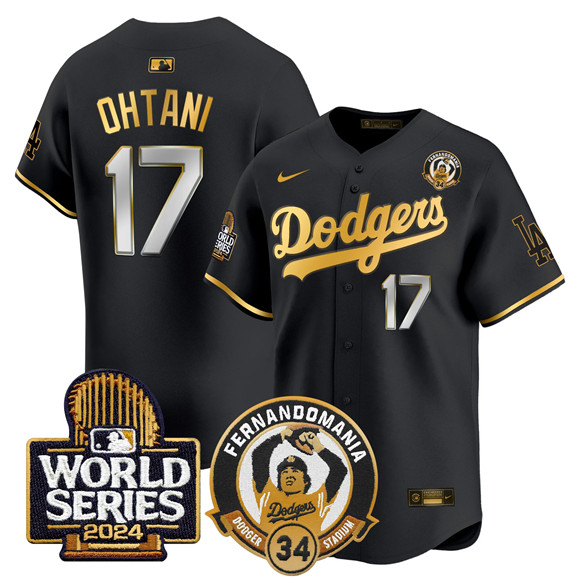 Men's Black Gold Los Angeles Dodgers #17 Shohei Ohtani Fernando Valenzuela & 2024 World Series Patch Limited Stitched Baseball Jersey